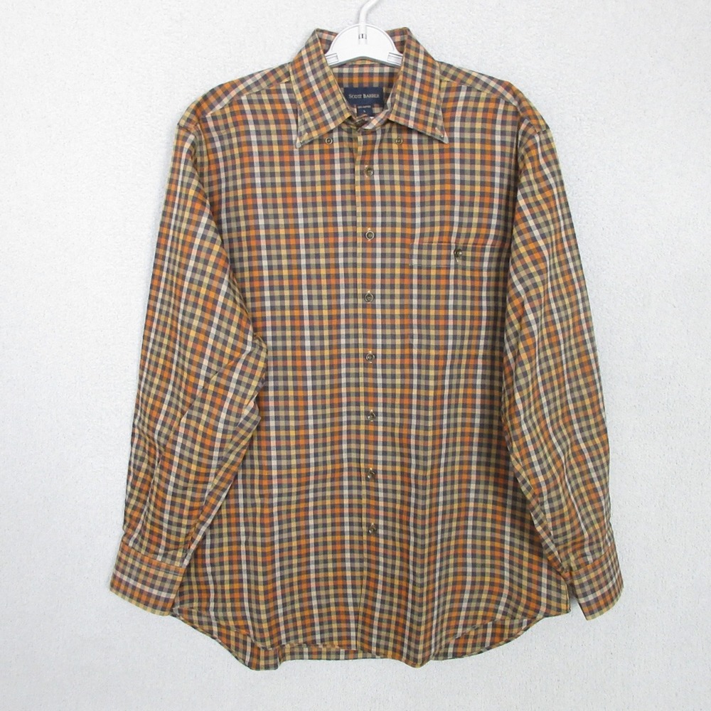 Scott Barber Mens L Button Down Shirt Cotton Plaid Check Orange Blue Long Sleeve